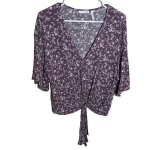 Luq Blouse Women's Medium V-Neck Purple 3/4 Sleeve Tie Lightweight Casual Top